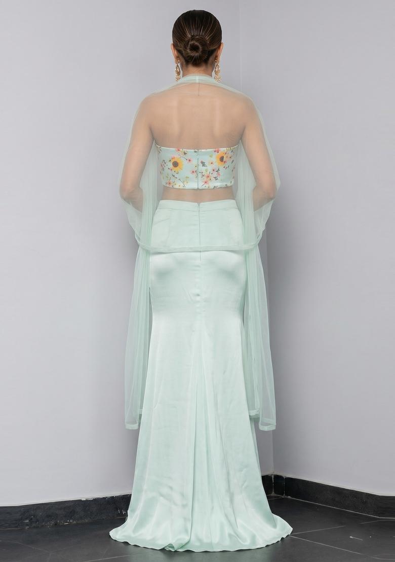 Mint Green Printed Satin Fusion Set - Indya