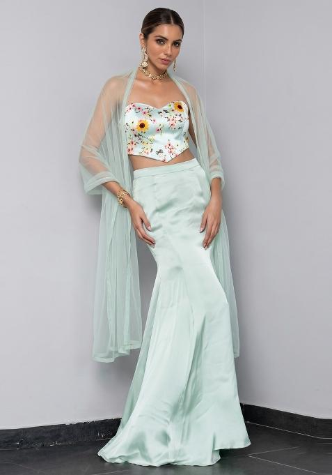 Mint Green Floral Print Satin Fusion Set