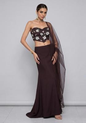 Chocolate Brown Printed Satin Fusion Set