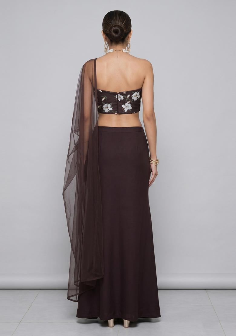 Chocolate Brown Printed Satin Fusion Set - Indya