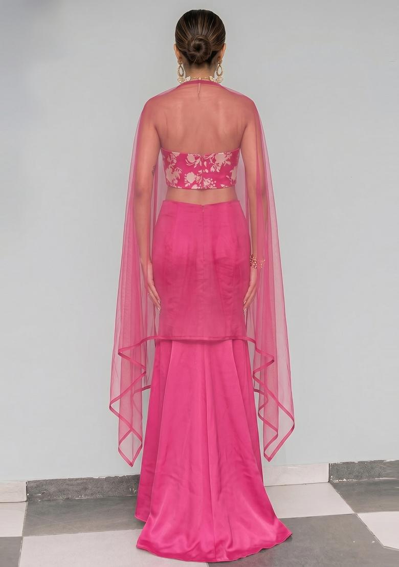 Hot Pink Printed Satin Fusion Set - Indya