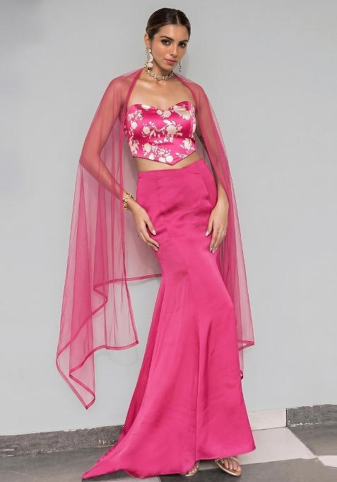 Hot Pink Floral Print Satin Fusion Set