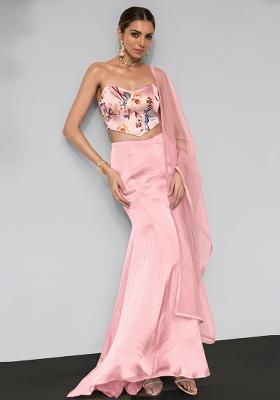 Pastel Pink Printed Satin Fusion Set