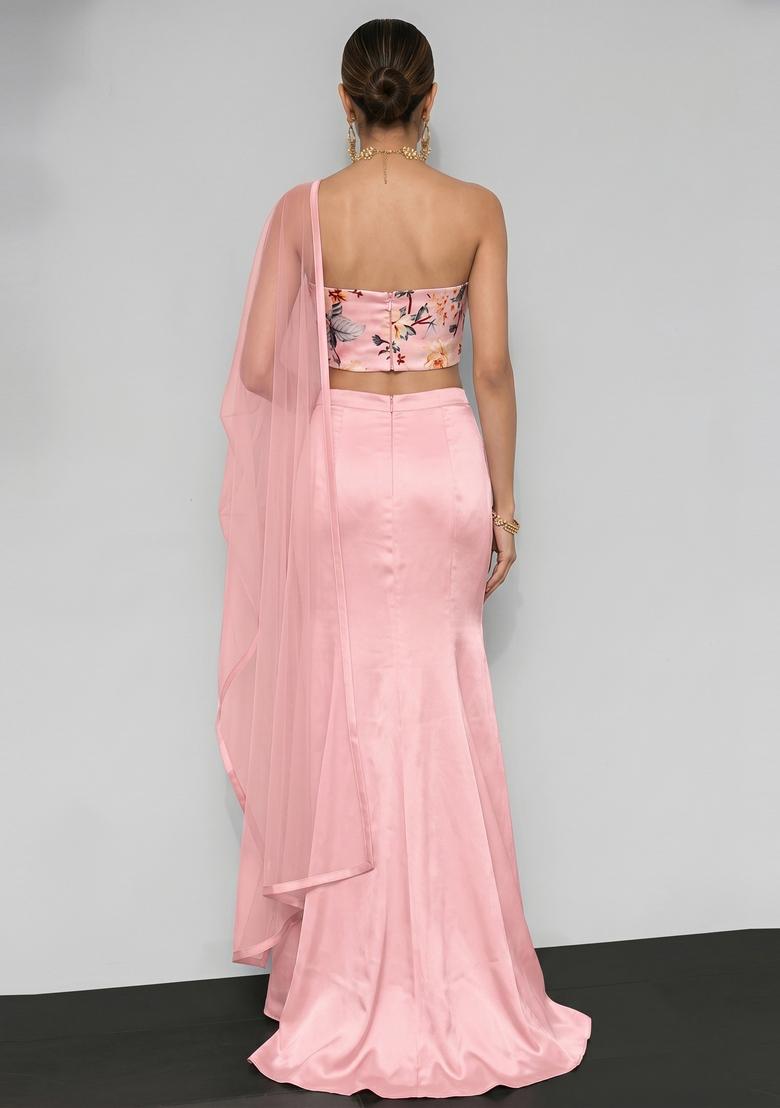 Pastel Pink Printed Satin Fusion Set - Indya