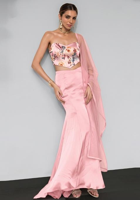 Pastel Pink Floral Print Satin Fusion Set