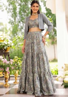 Light Grey Printed Silk Blend Lehenga Set