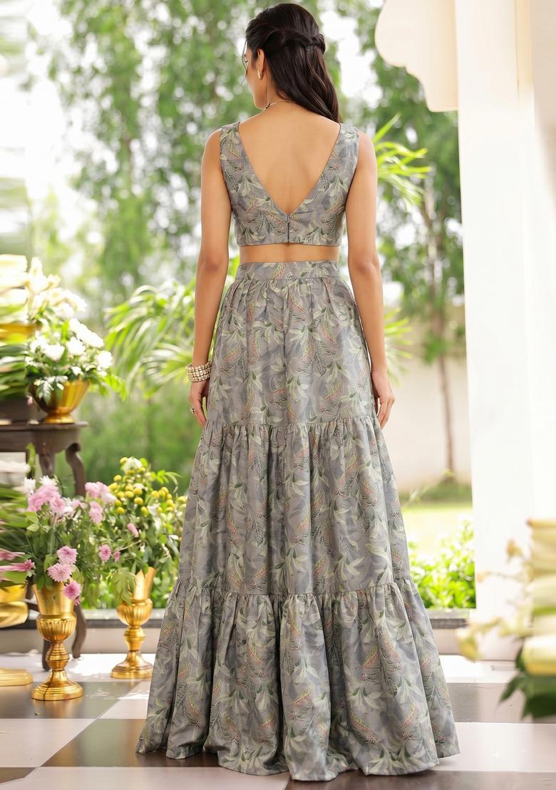 Light Grey Printed Silk Blend Lehenga Set - Indya