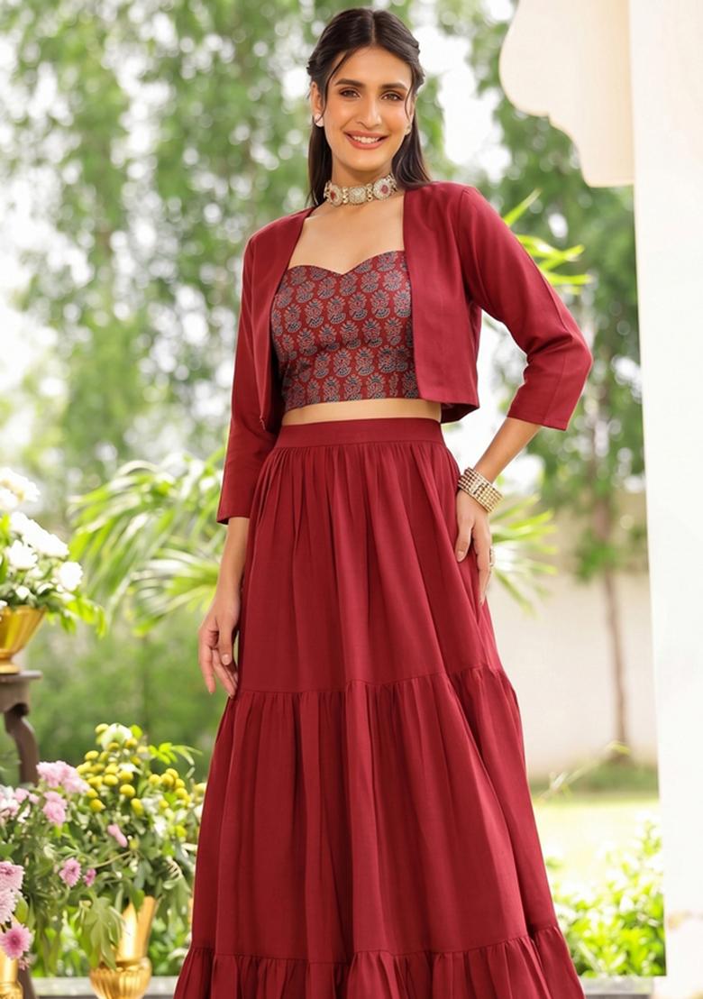 Maroon Printed Silk Blend Lehenga Set - Indya