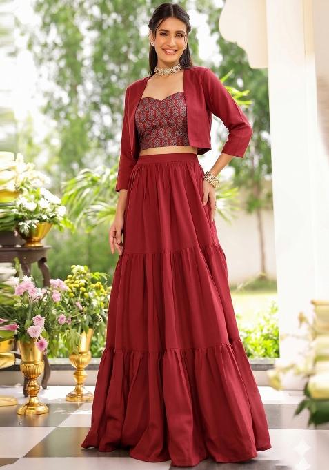 Maroon Printed Silk Lehenga Set
