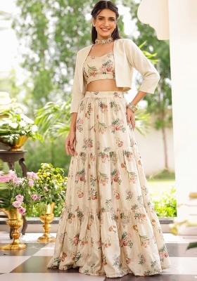 White Printed Silk Blend Lehenga Set