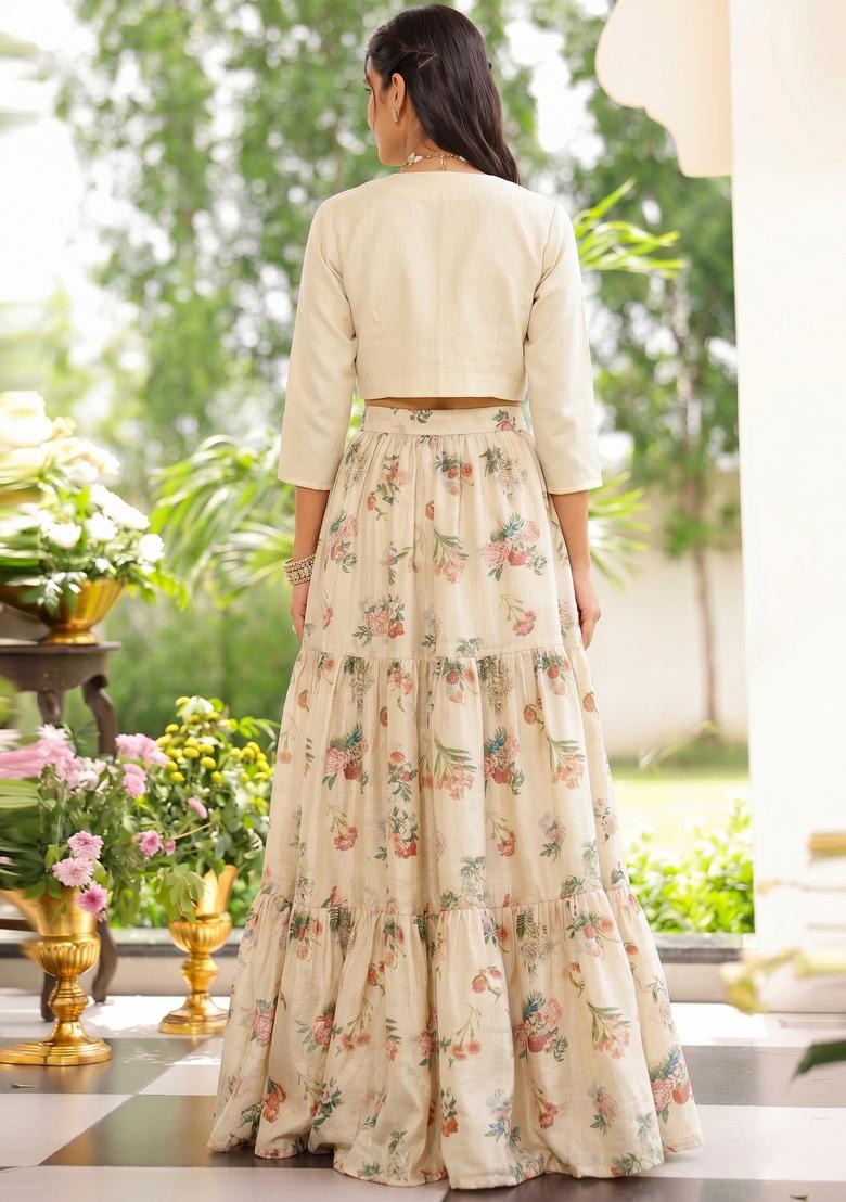 White Printed Silk Blend Lehenga Set - Indya