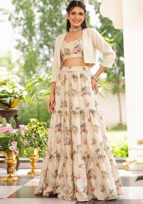 White Floral Print Silk Lehenga Set