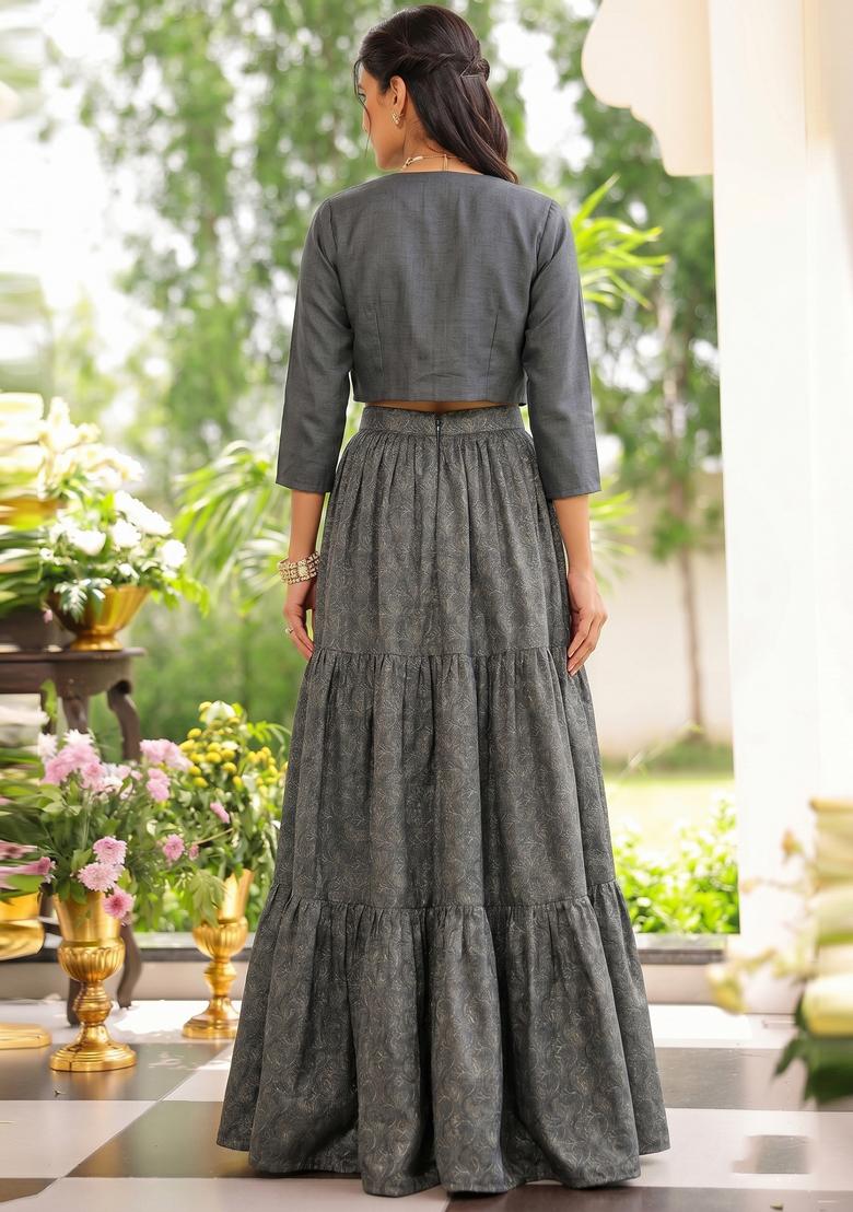 Dark Grey Printed Silk Blend Lehenga Set - Indya