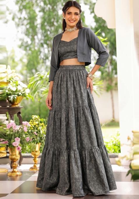 Dark Grey Printed Silk Lehenga Set