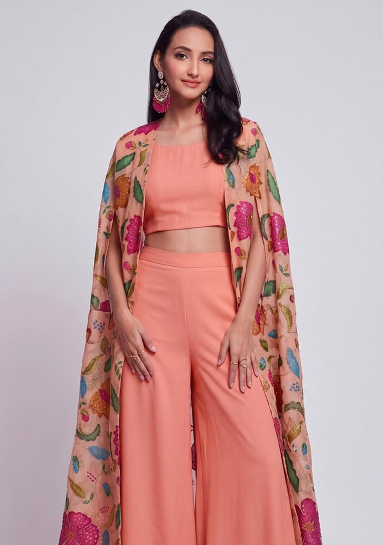 Peach Embroidered Organza Fusion Set - Indya