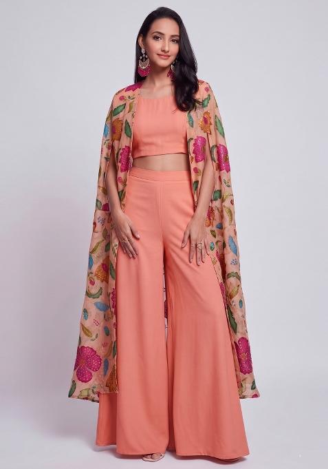 Peach Embroidered Organza Fusion Set