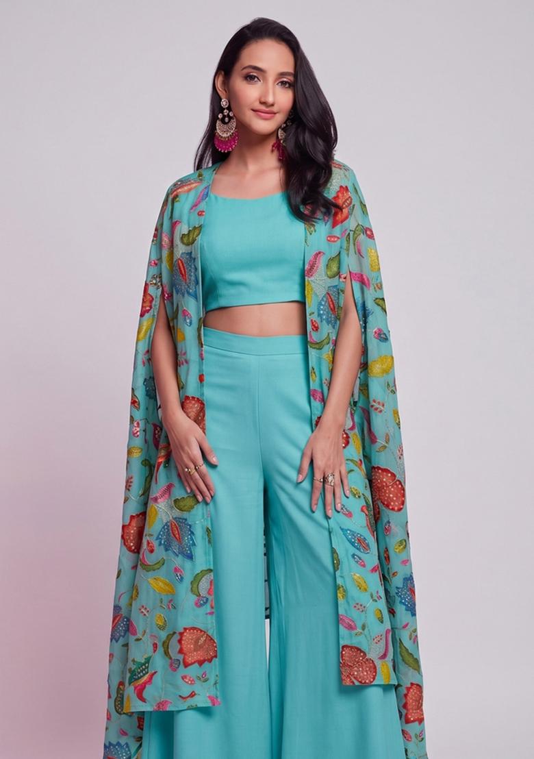 Teal Embroidered Organza Fusion Set - Indya
