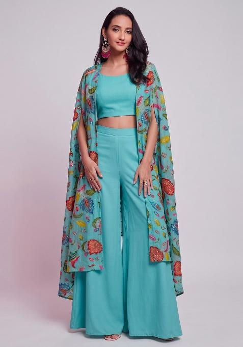 Teal Embroidered Organza Fusion Set