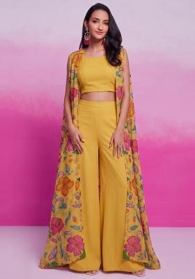 Yellow Embroidered Organza Fusion Set