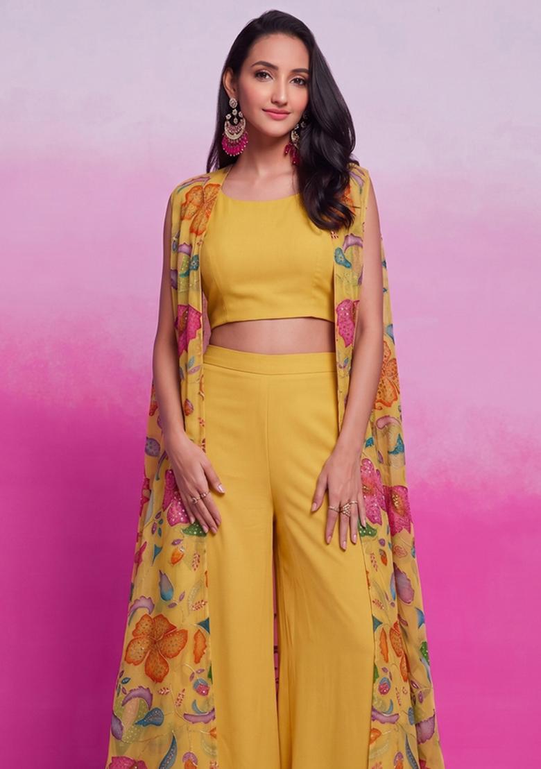 Yellow Embroidered Organza Fusion Set - Indya