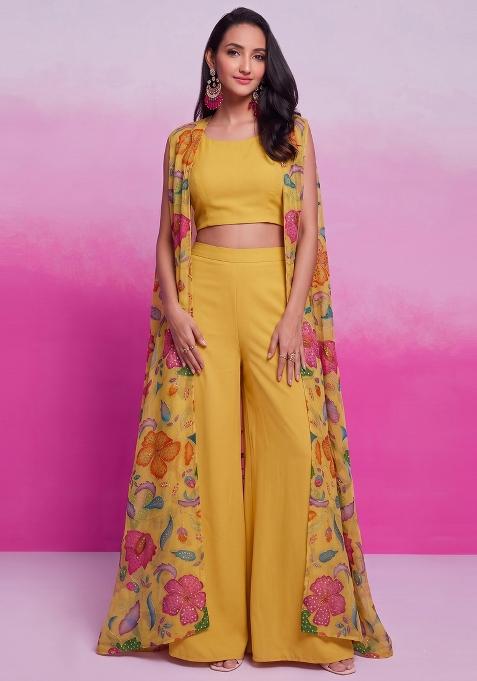 Yellow Embroidered Organza Fusion Set
