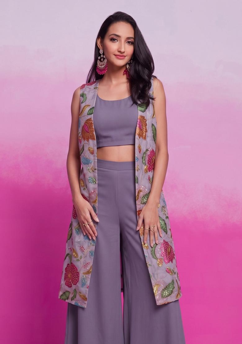Dusty Purple Embroidered Organza Fusion Set - Indya