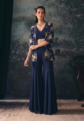 Navy Blue Printed Silk Fusion Set