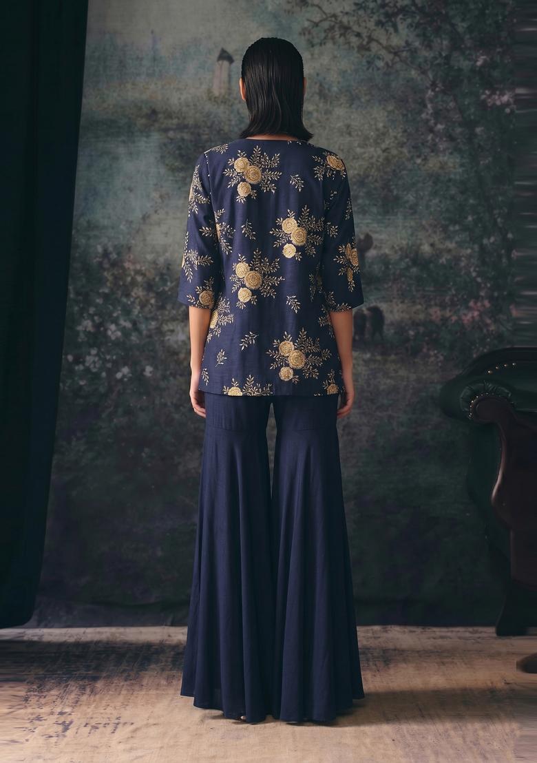 Navy Blue Printed Silk Fusion Set - Indya