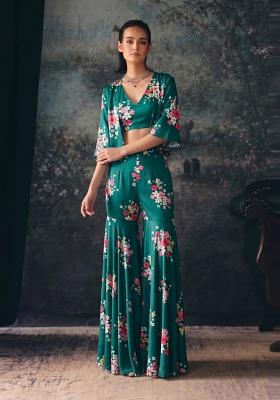 Dark Green Printed Silk Fusion Set