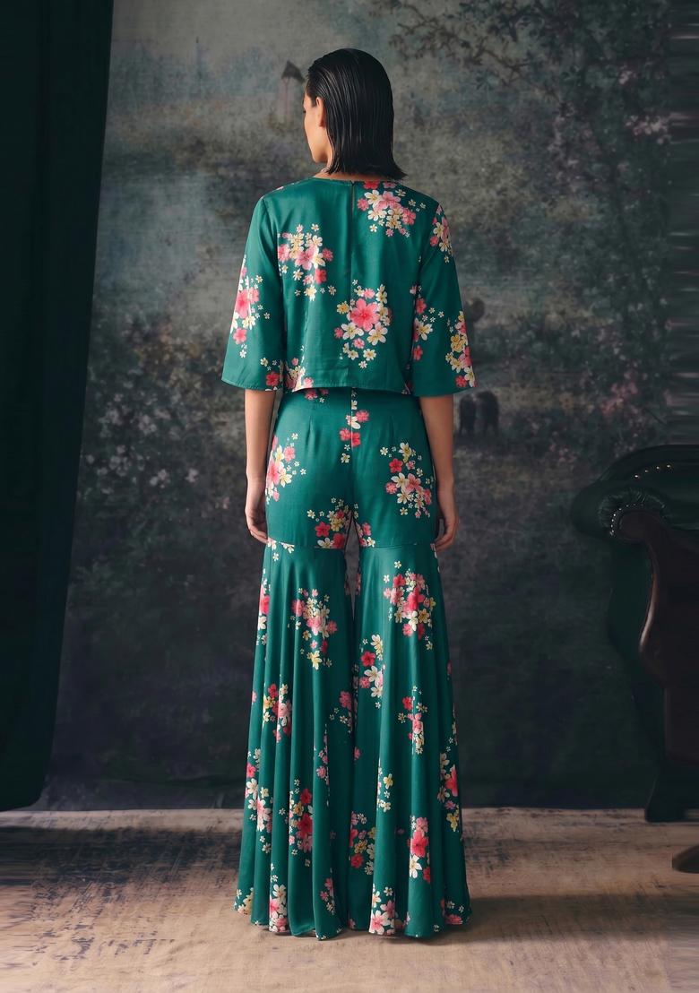 Dark Green Printed Silk Fusion Set - Indya