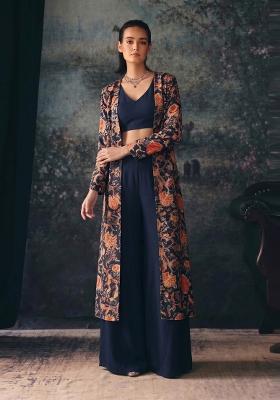 Navy Blue Printed Silk Fusion Set