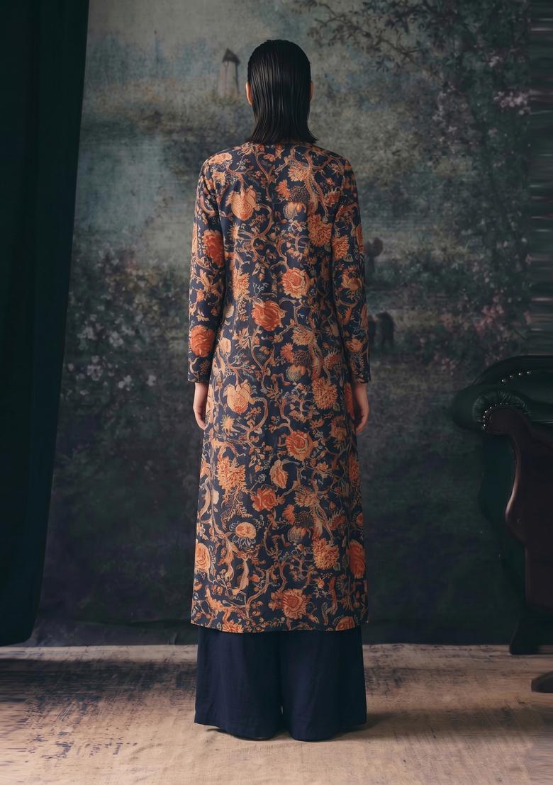 Navy Blue Printed Silk Fusion Set - Indya
