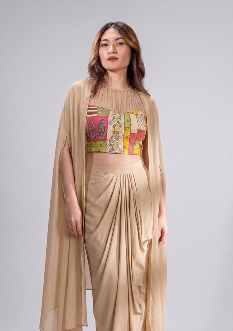 Beige Patch Work Chinon Fusion Set - Indya