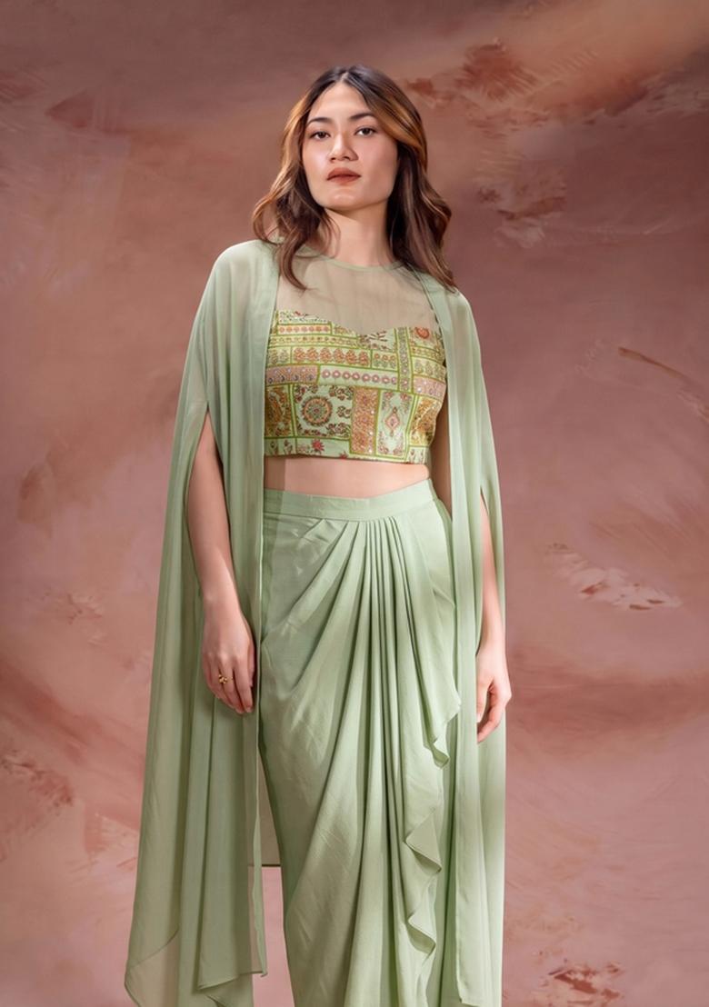 Mint Green Patch Work Chinon Fusion Set - Indya
