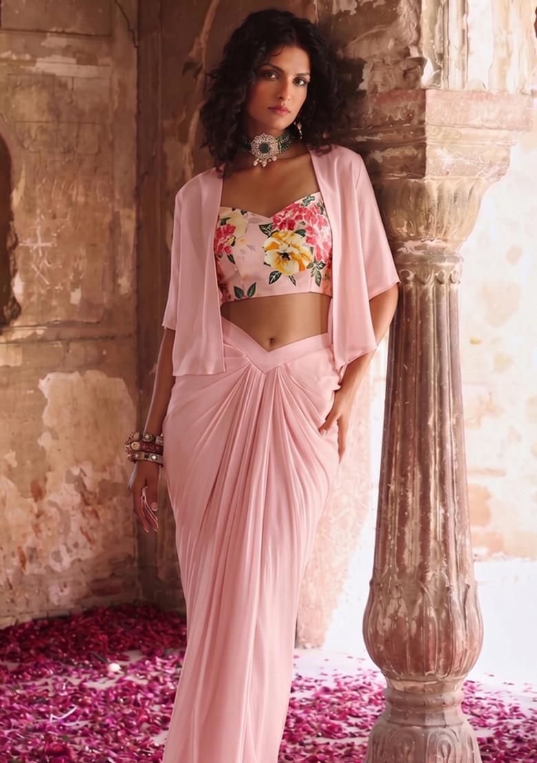 Pastel Pink Printed Organza Fusion Set - Indya