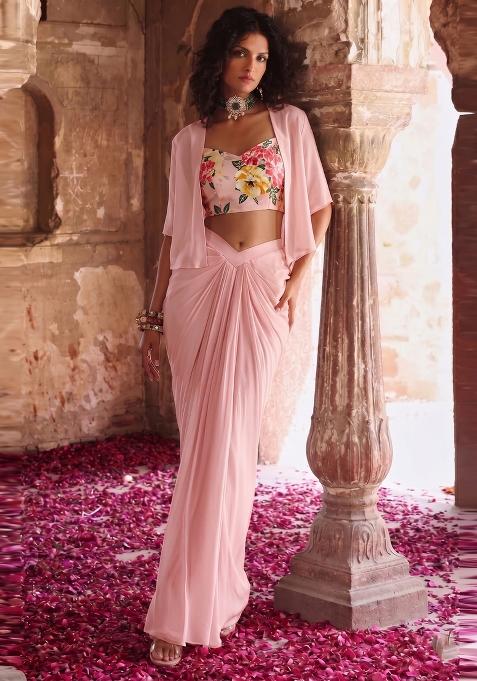 Pastel Pink Floral Print Organza Fusion Set