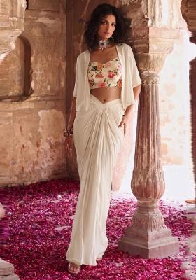Off White Printed Organza Fusion Set