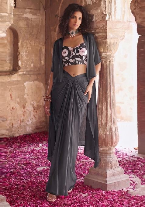 Black Floral Print Organza Fusion Set