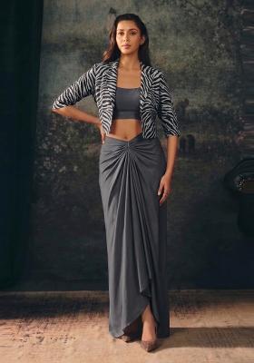 Dark Grey Printed Crepe Fusion Set