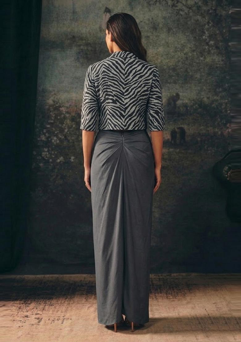 Dark Grey Printed Crepe Fusion Set - Indya