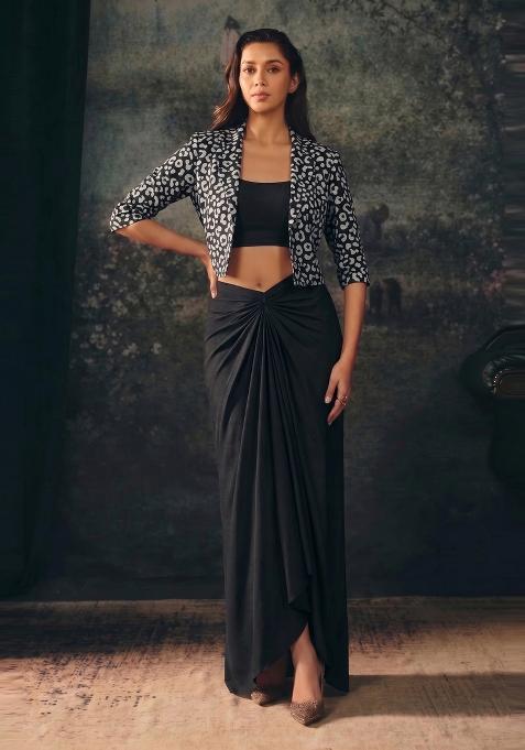 Black Printed Crepe Fusion Set