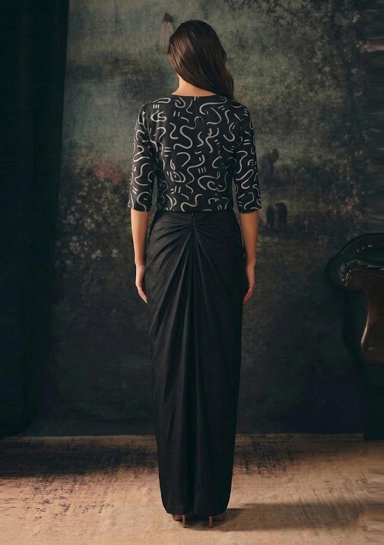 Black Printed Crepe Fusion Set - Indya