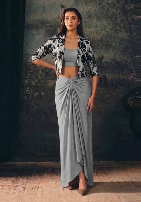 Light Grey Printed Crepe Fusion Set