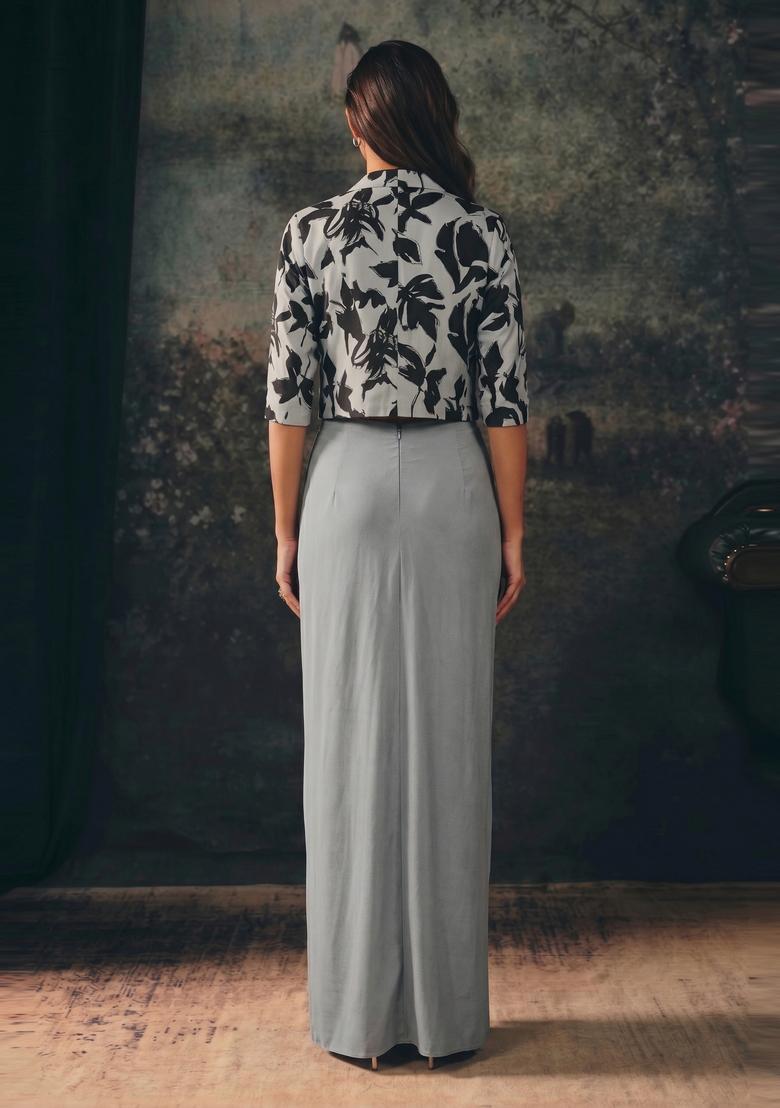 Light Grey Printed Crepe Fusion Set - Indya