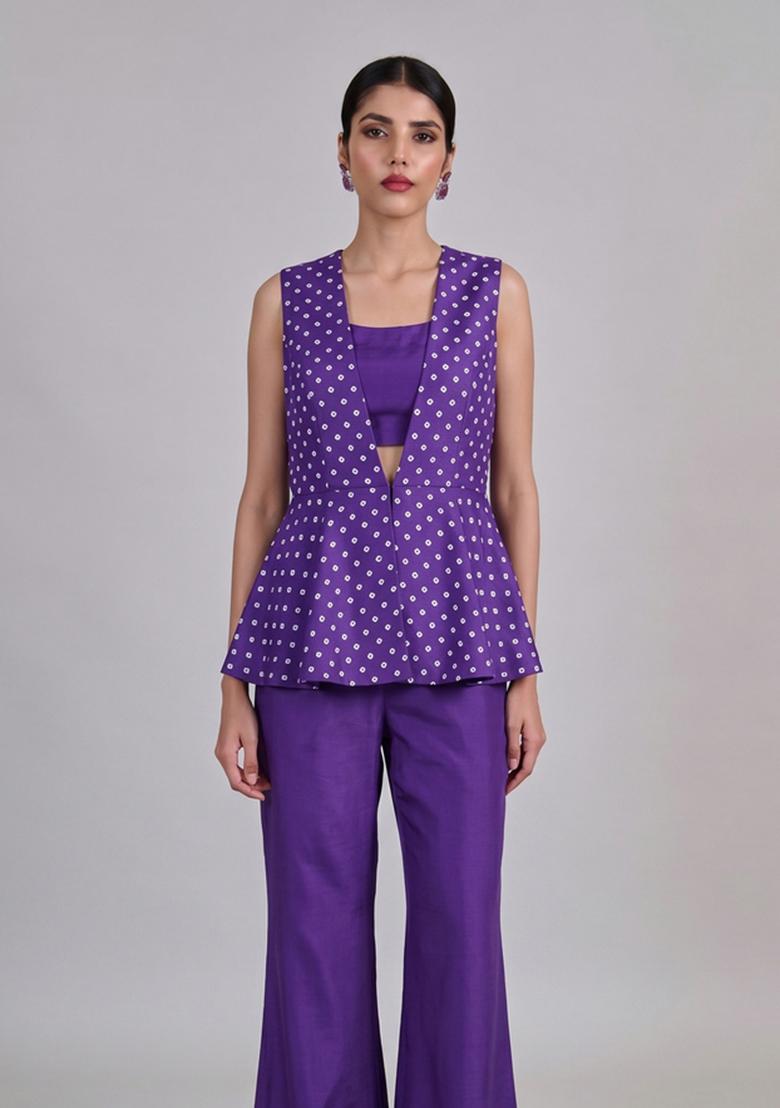 Purple Printed Silk Fusion Set - Indya