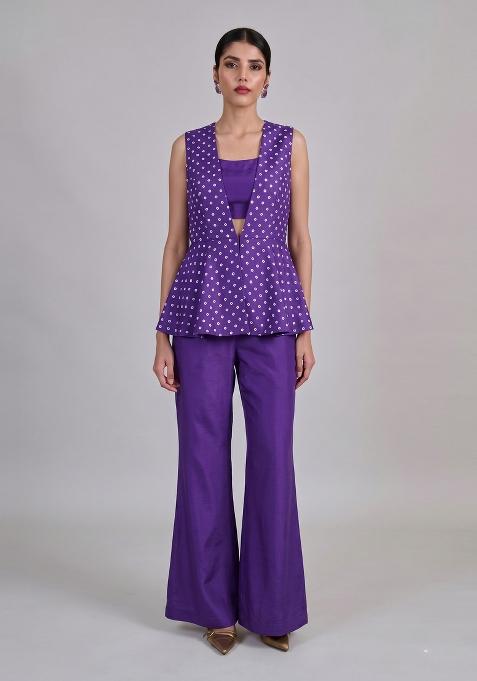 Purple Printed Silk Fusion Set