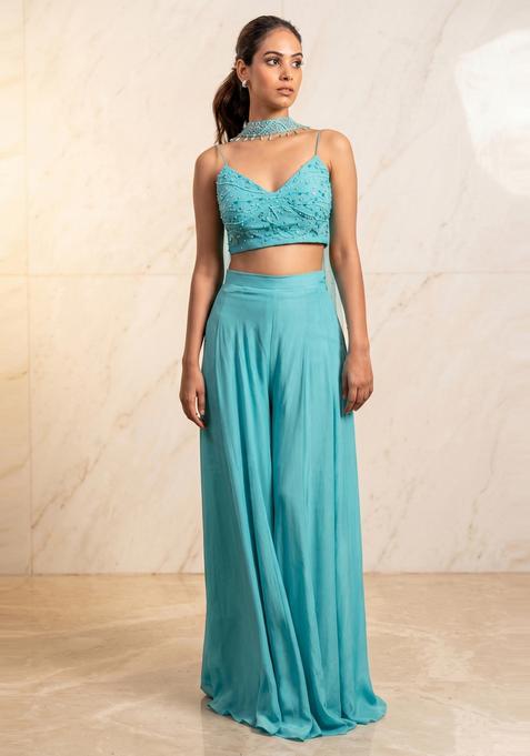 Sky Blue Embroidered Handwork Fusion Set
