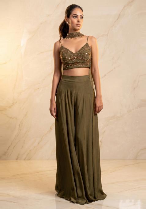 Olive Green Embroidered Handwork Fusion Set