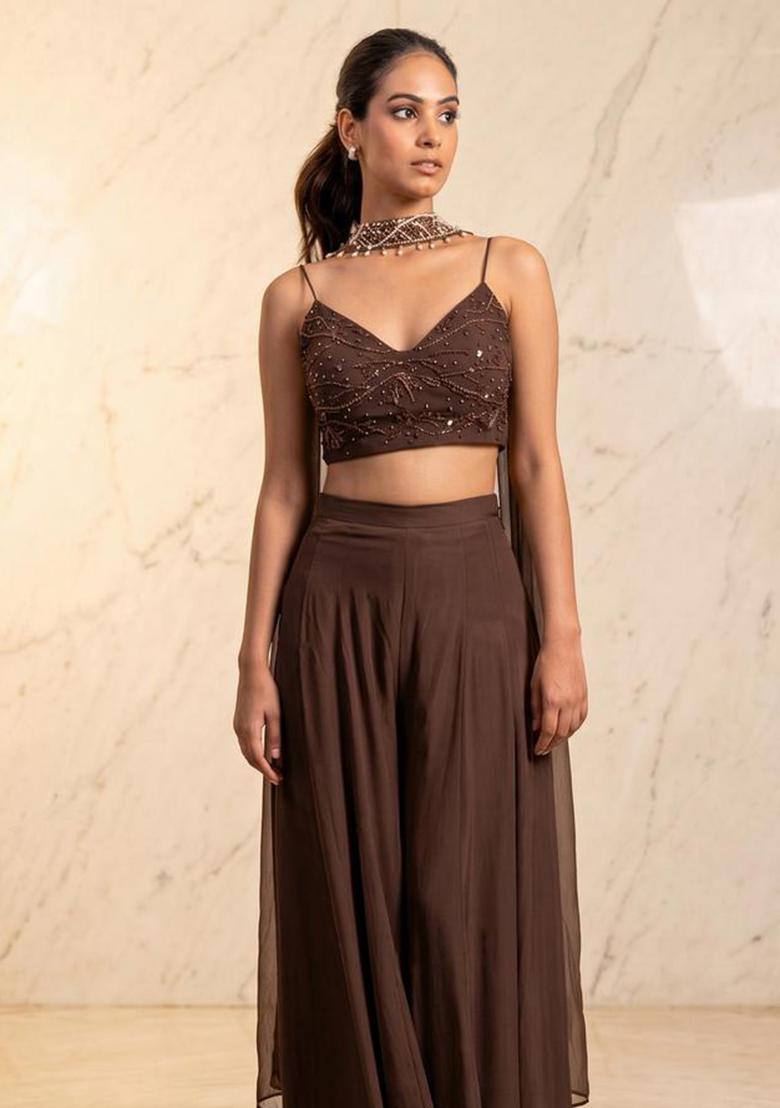 Chocolate Brown Embroidered Handwork Fusion Set - Indya