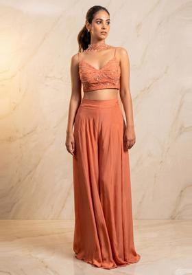 Peach Embroidered Handwork Fusion Set